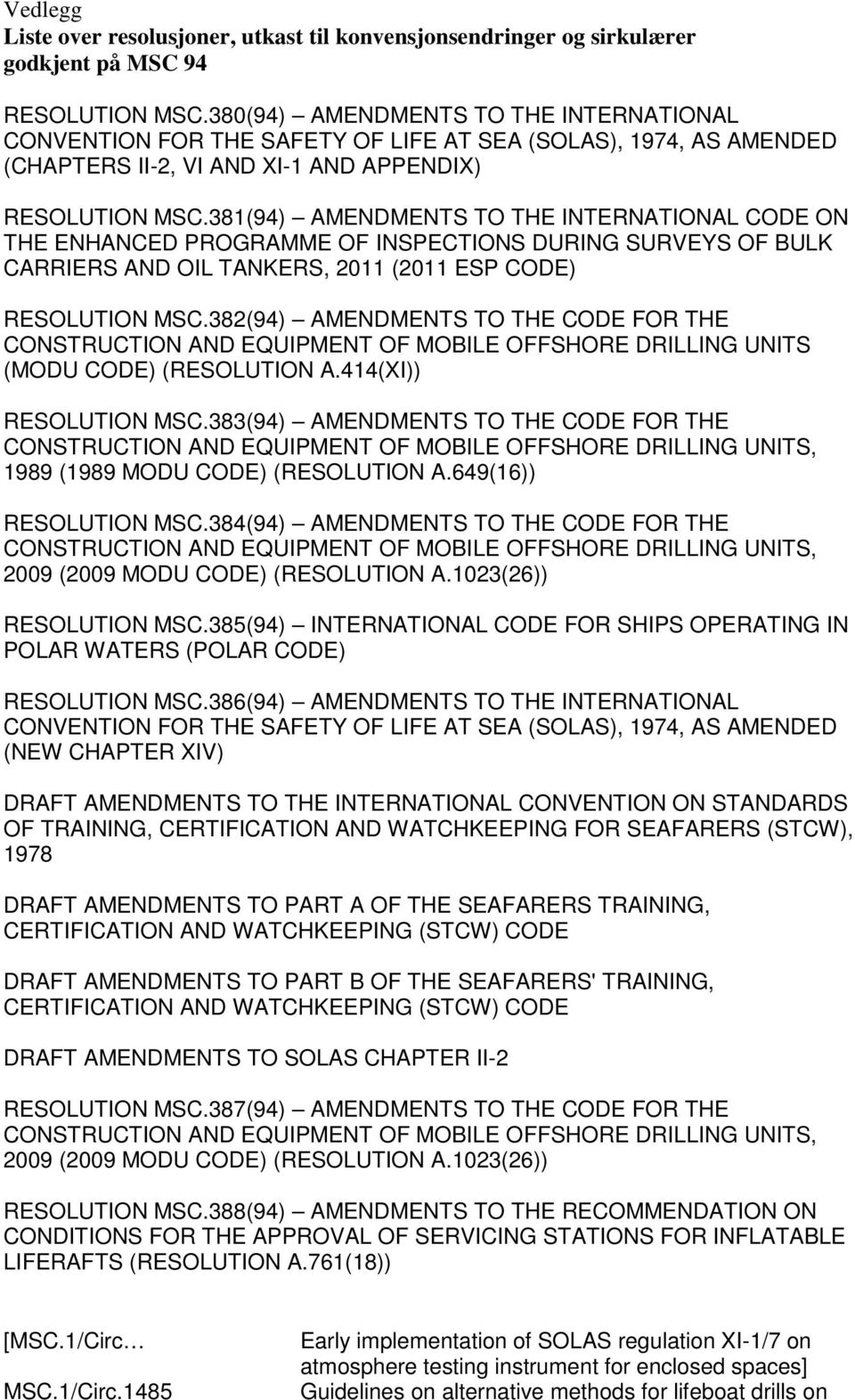 381(94) AMENDMENTS TO THE INTERNATIONAL CODE ON THE ENHANCED PROGRAMME OF INSPECTIONS DURING SURVEYS OF BULK CARRIERS AND OIL TANKERS, 2011 (2011 ESP CODE) RESOLUTION MSC.