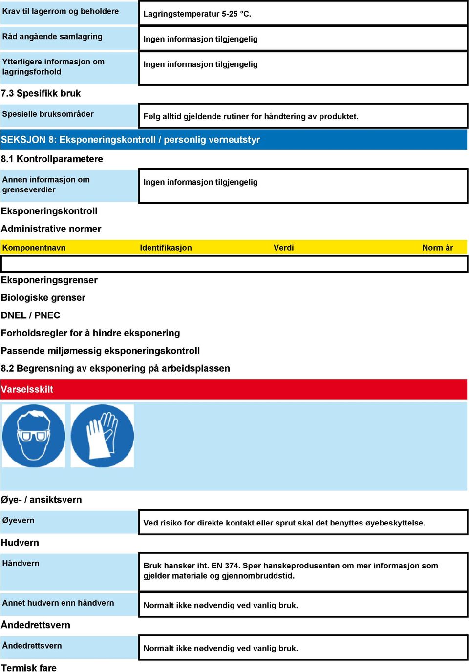 1 Kontrollparametere Annen informasjon om grenseverdier Eksponeringskontroll Administrative normer Komponentnavn Identifikasjon Verdi Norm år Eksponeringsgrenser Biologiske grenser DNEL / PNEC