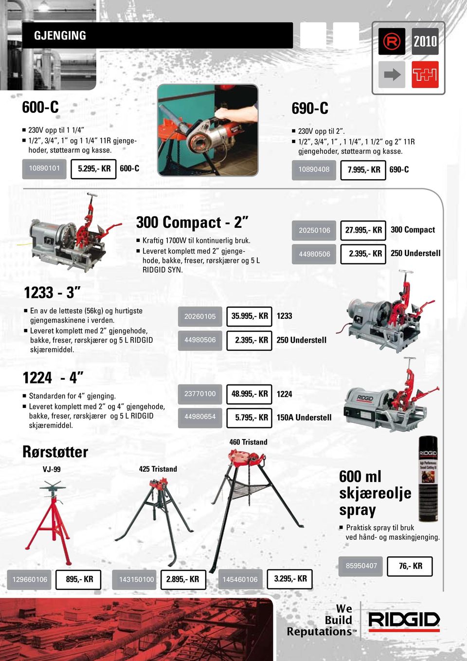 n Leveret komplett med 2 gjengehode, bakke, freser, rørskjærer og 5 L RIDGID skjæremiddel. 300 Compact - 2 n Kraftig 1700W til kontinuerlig bruk.