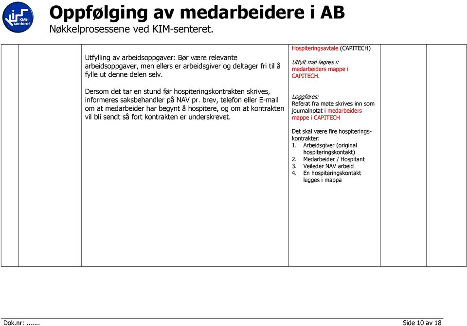 brev, telefon eller E-mail om at medarbeider har begynt å hospitere, og om at kontrakten vil bli sendt så fort kontrakten er underskrevet.