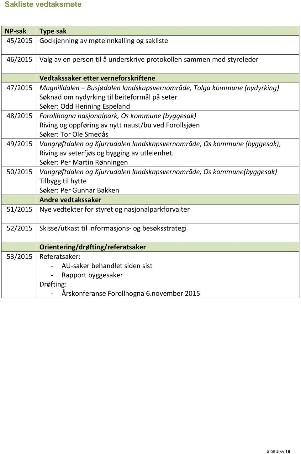 nasjonalpark, Os kommune (byggesak) Riving og oppføring av nytt naust/bu ved Forollsjøen Søker: Tor Ole Smedås 49/2015 Vangrøftdalen og Kjurrudalen landskapsvernområde, Os kommune (byggesak), Riving