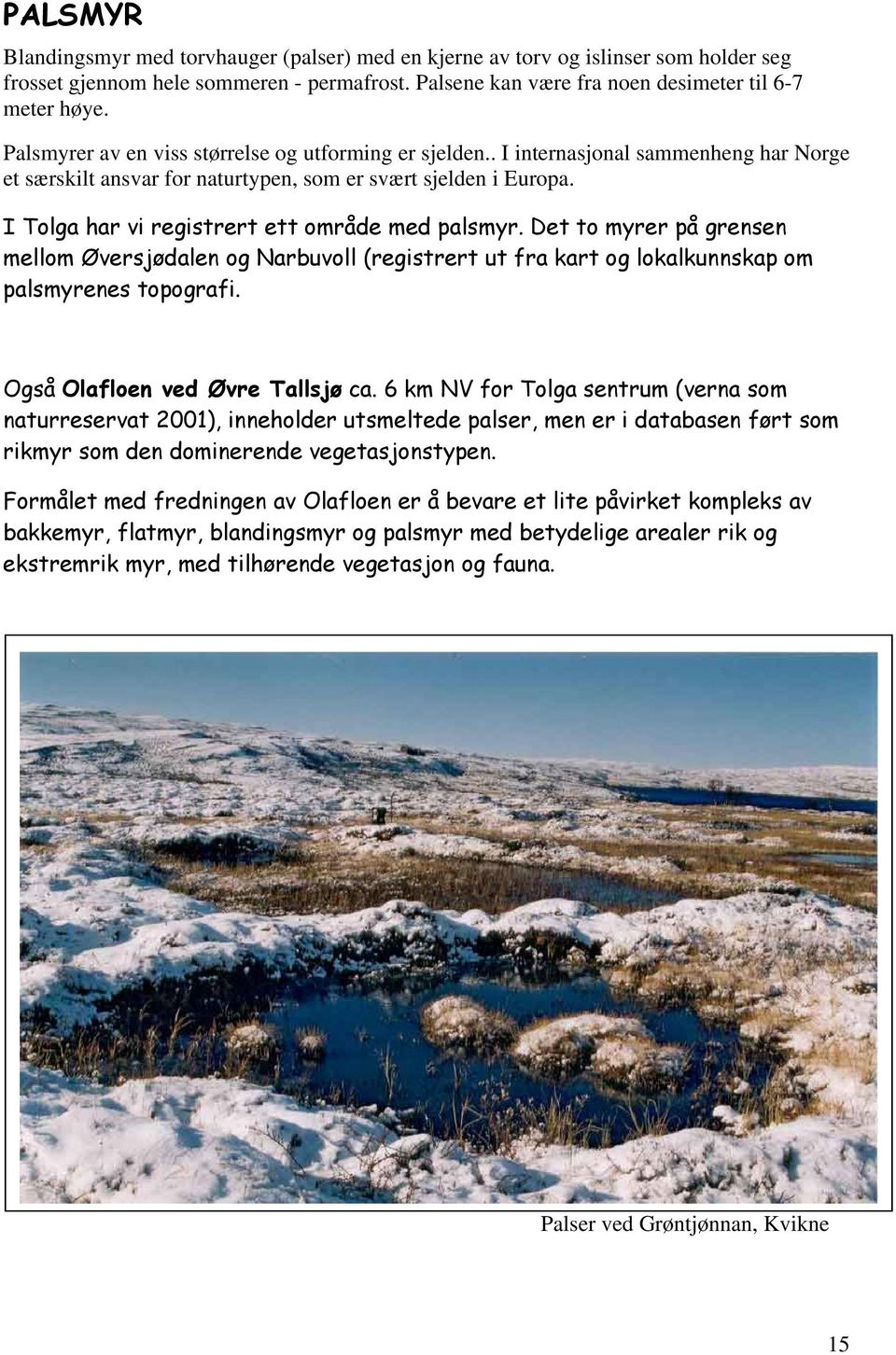 I Tolga har vi registrert ett område med palsmyr. Det to myrer på grensen mellom Øversjødalen og Narbuvoll (registrert ut fra kart og lokalkunnskap om palsmyrenes topografi.