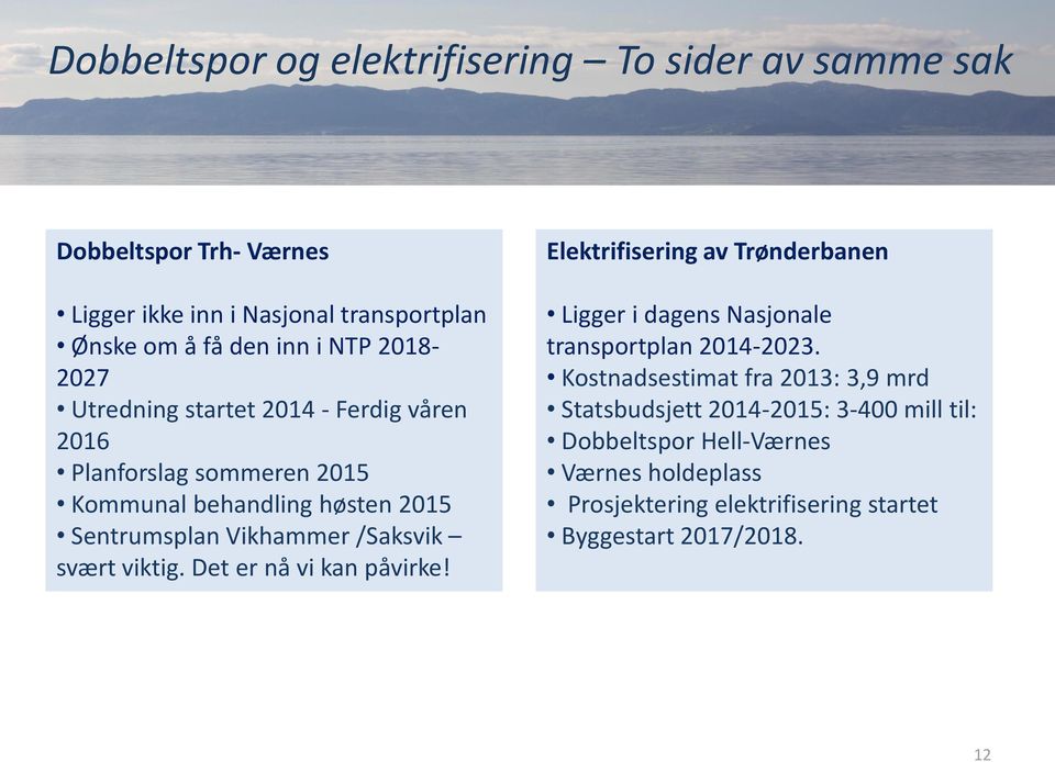 svært viktig. Det er nå vi kan påvirke! Elektrifisering av Trønderbanen Ligger i dagens Nasjonale transportplan 2014-2023.