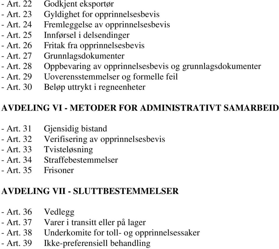 30 Beløp uttrykt i regneenheter AVDELING VI - METODER FOR ADMINISTRATIVT SAMARBEID - Art. 31 Gjensidig bistand - Art. 32 Verifisering av opprinnelsesbevis - Art. 33 Tvisteløsning - Art.