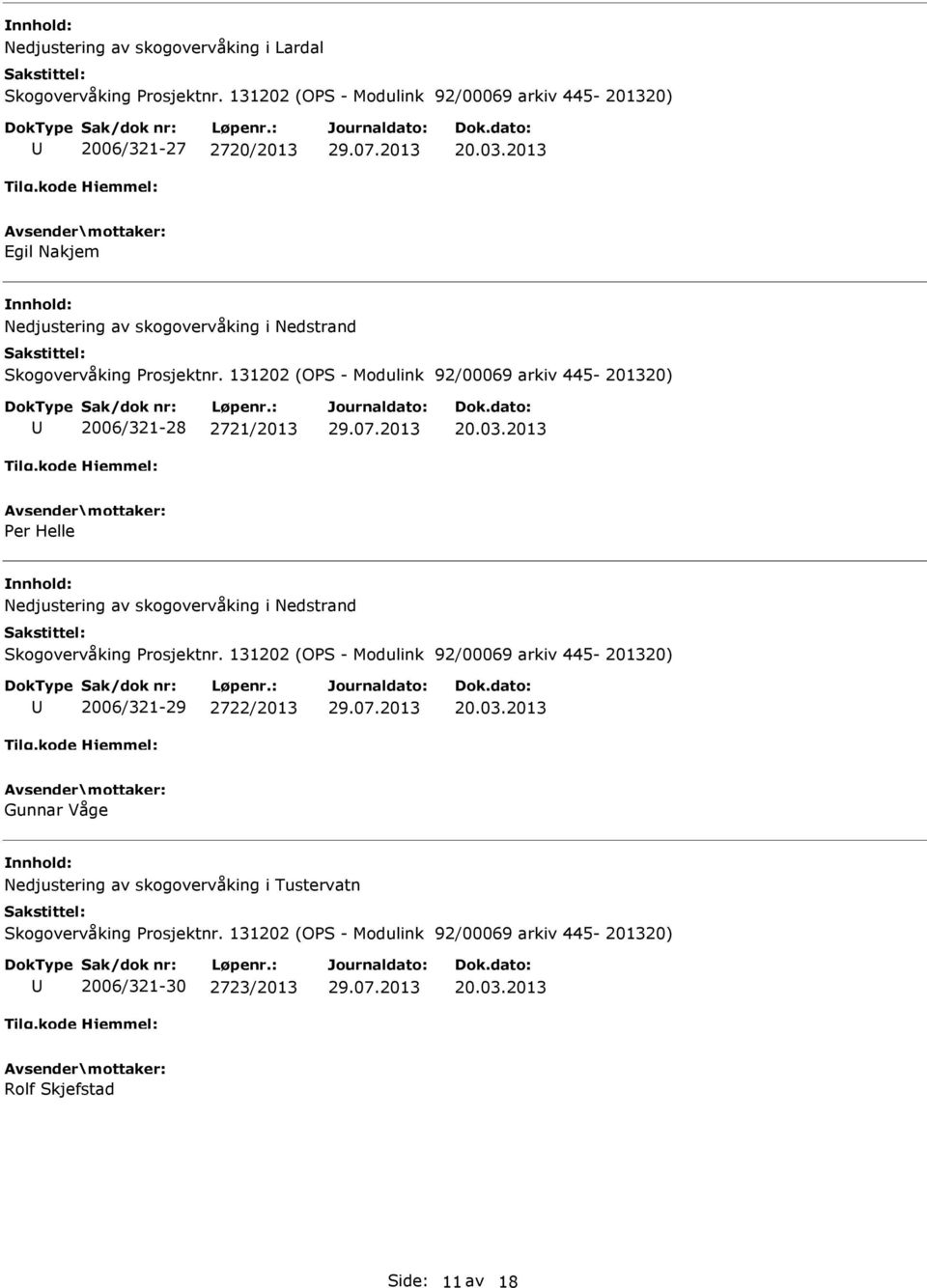 2013 Per Helle Nedjustering av skogovervåking i Nedstrand Skogovervåking Prosjektnr. 131202 (OPS - Modulink 92/00069 arkiv 445-201320) 2006/321-29 2722/2013 20.03.