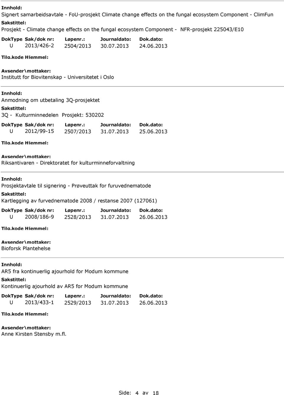 2013 nstitutt for Biovitenskap - niversitetet i Oslo Anmodning om utbetaling 3Q-prosjektet 3Q - Kulturminnedelen Prosjekt: 530202 2012/99-15 2507/2013 25.06.