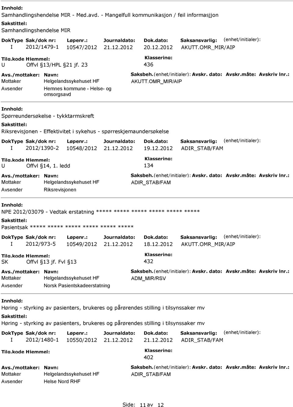 ledd 134 ADR_STAB/FAM Riksrevisjonen NPE 2012/03079 - Vedtak erstatning ***** ***** ***** ***** ***** ***** ***** 2012/973-5 10549/2012 AKTT.