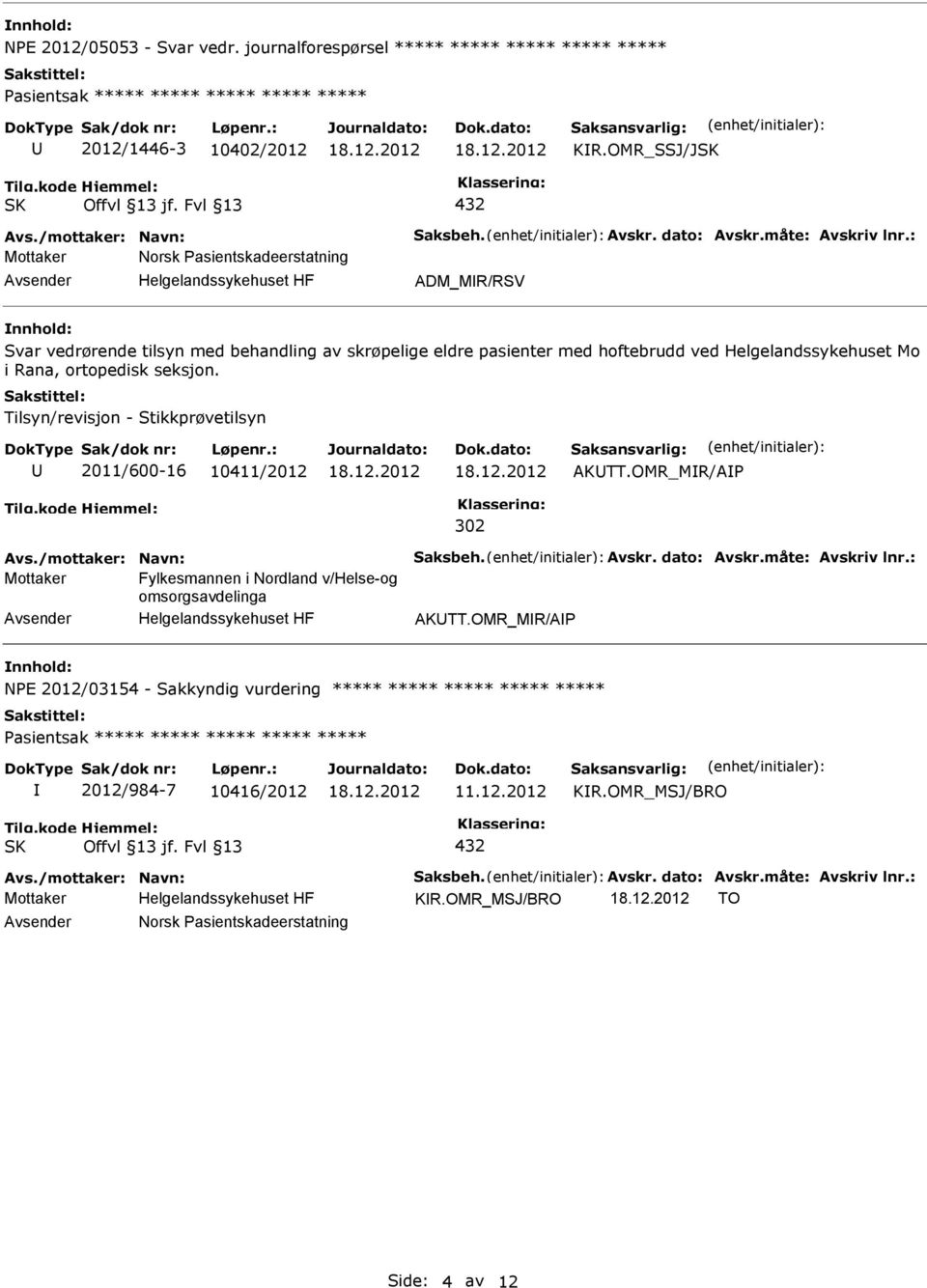 Helgelandssykehuset Mo i Rana, ortopedisk seksjon. Tilsyn/revisjon - Stikkprøvetilsyn 2011/600-16 10411/2012 AKTT.