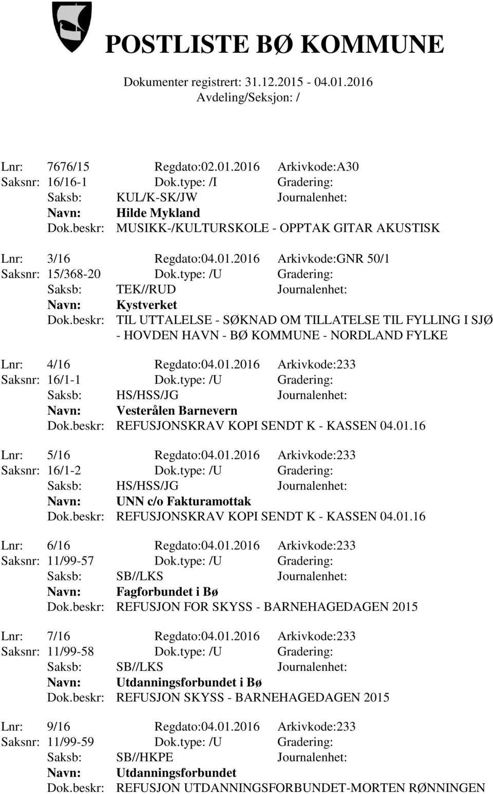 beskr: TIL UTTALELSE - SØKNAD OM TILLATELSE TIL FYLLING I SJØ - HOVDEN HAVN - BØ KOMMUNE - NORDLAND FYLKE Lnr: 4/16 Regdato:04.01.2016 Arkivkode:233 Saksnr: 16/1-1 Dok.