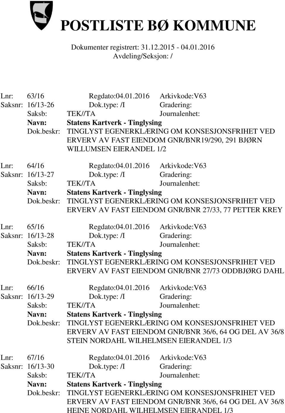 type: /I Gradering: ERVERV AV FAST EIENDOM GNR/BNR 27/73 ODDBJØRG DAHL Lnr: 66/16 Regdato:04.01.2016 Arkivkode:V63 Saksnr: 16/13-29 Dok.