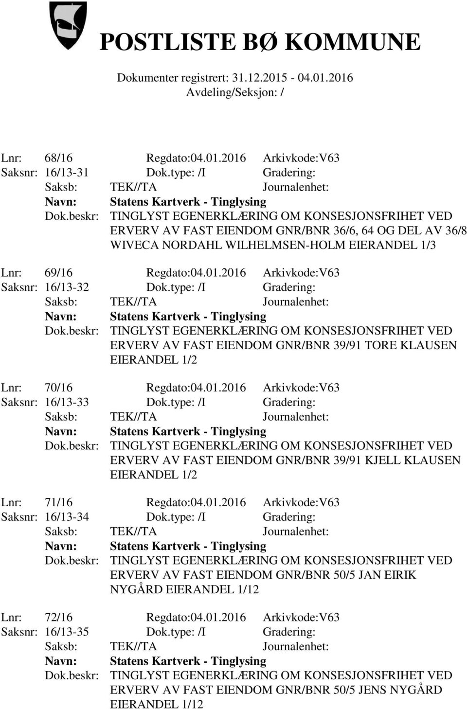 type: /I Gradering: ERVERV AV FAST EIENDOM GNR/BNR 39/91 TORE KLAUSEN EIERANDEL 1/2 Lnr: 70/16 Regdato:04.01.2016 Arkivkode:V63 Saksnr: 16/13-33 Dok.