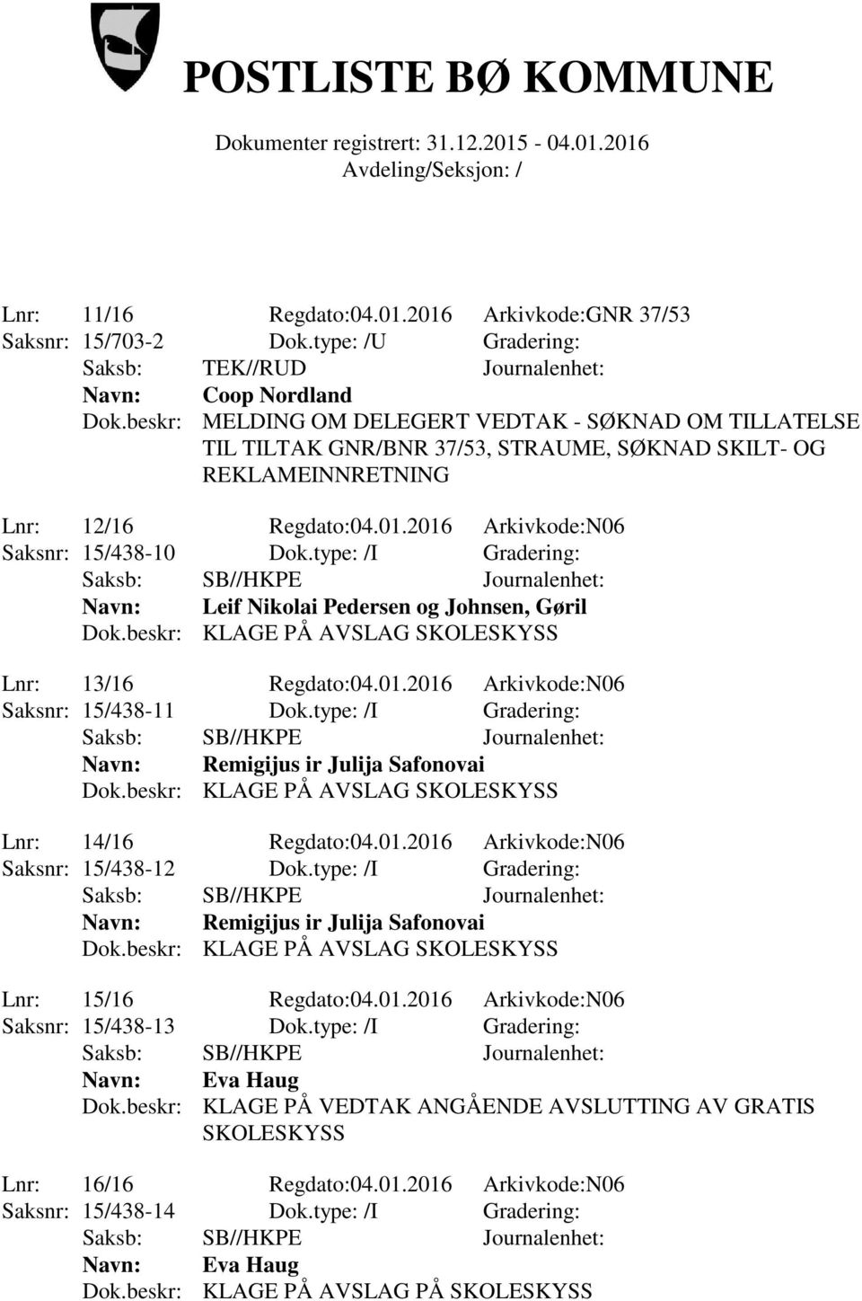 type: /I Gradering: Saksb: SB//HKPE Journalenhet: Navn: Leif Nikolai Pedersen og Johnsen, Gøril Dok.beskr: KLAGE PÅ AVSLAG SKOLESKYSS Lnr: 13/16 Regdato:04.01.2016 Arkivkode:N06 Saksnr: 15/438-11 Dok.