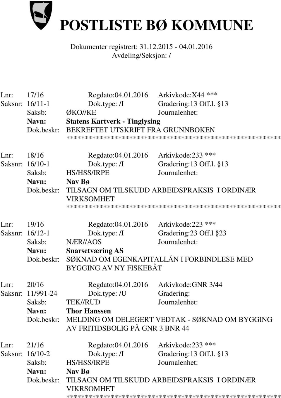 type: /I Gradering:23 Off.l 23 Saksb: NÆR//AOS Journalenhet: Navn: Snarsetværing AS Dok.beskr: SØKNAD OM EGENKAPITALLÅN I FORBINDLESE MED BYGGING AV NY FISKEBÅT Lnr: 20/16 Regdato:04.01.