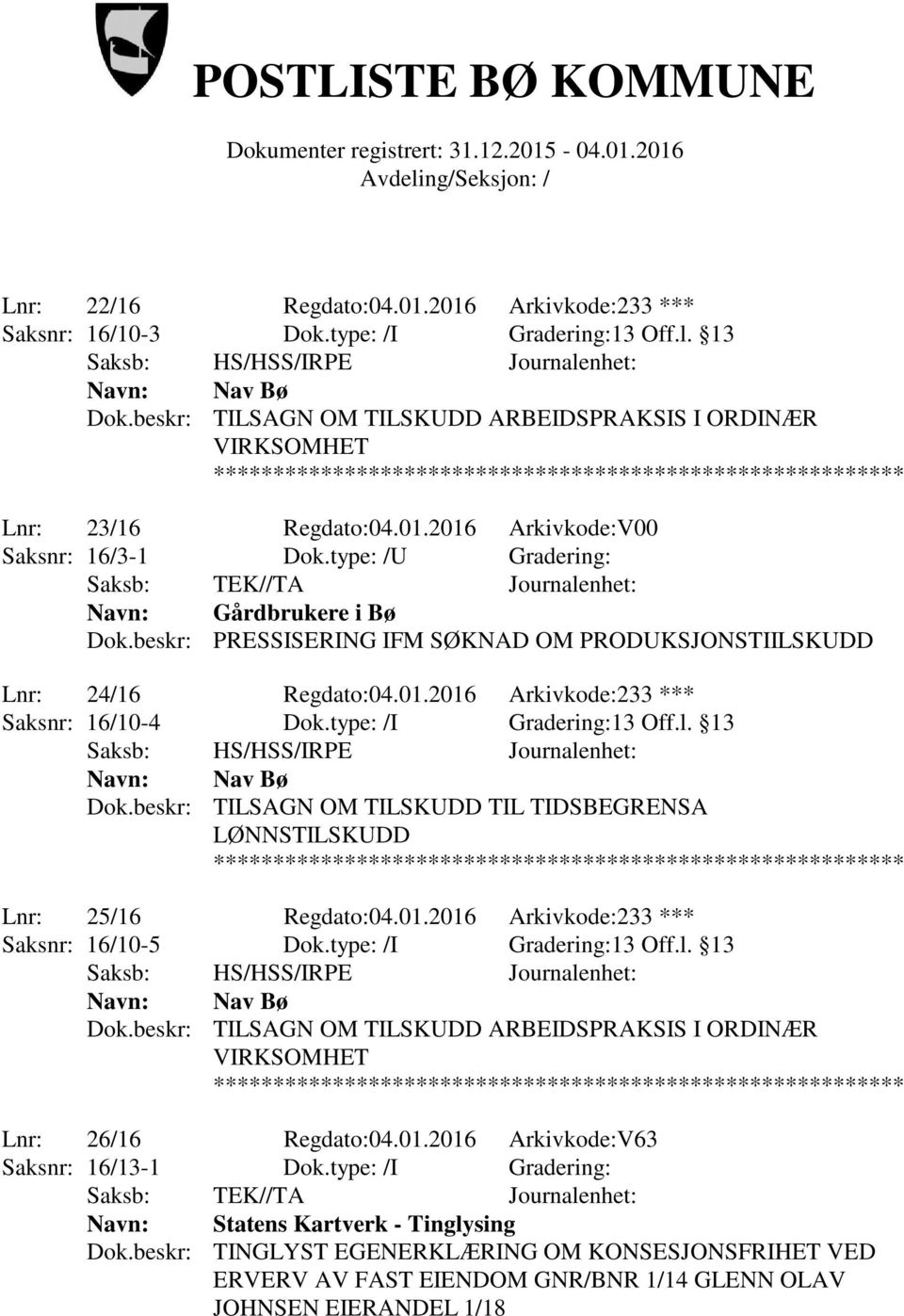 beskr: PRESSISERING IFM SØKNAD OM PRODUKSJONSTIILSKUDD Lnr: 24/16 Regdato:04.01.2016 Arkivkode:233 *** Saksnr: 16/10-4 Dok.type: /I Gradering:13 Off.l. 13 Navn: Nav Bø Dok.