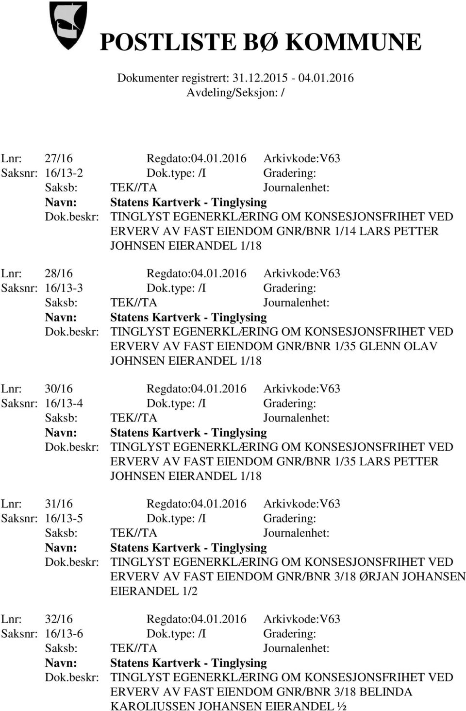 type: /I Gradering: ERVERV AV FAST EIENDOM GNR/BNR 1/35 LARS PETTER JOHNSEN EIERANDEL 1/18 Lnr: 31/16 Regdato:04.01.2016 Arkivkode:V63 Saksnr: 16/13-5 Dok.
