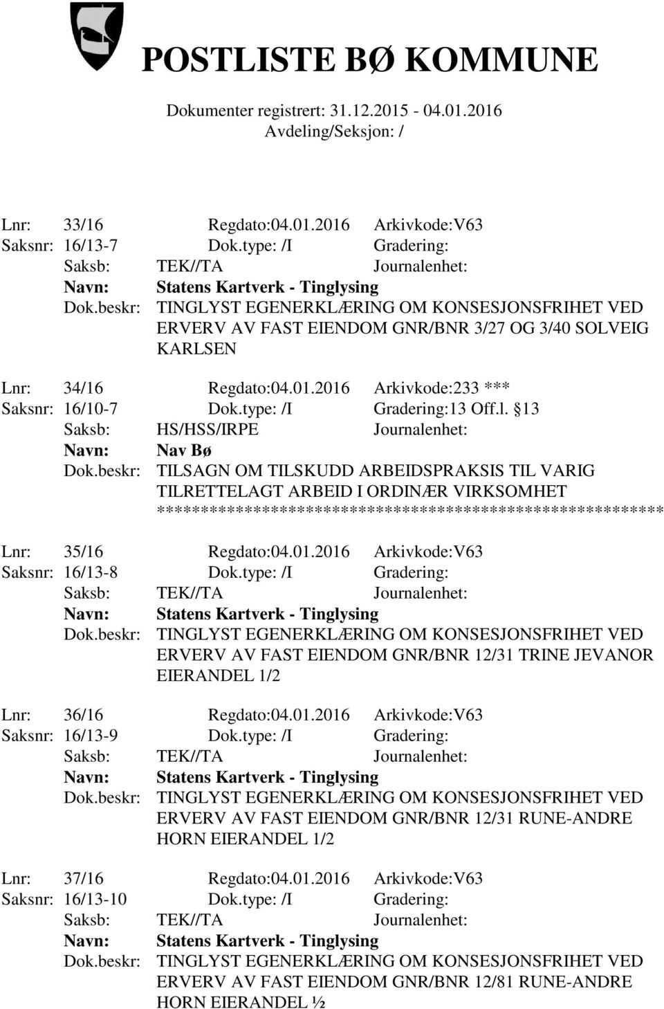 2016 Arkivkode:V63 Saksnr: 16/13-8 Dok.type: /I Gradering: ERVERV AV FAST EIENDOM GNR/BNR 12/31 TRINE JEVANOR EIERANDEL 1/2 Lnr: 36/16 Regdato:04.01.2016 Arkivkode:V63 Saksnr: 16/13-9 Dok.