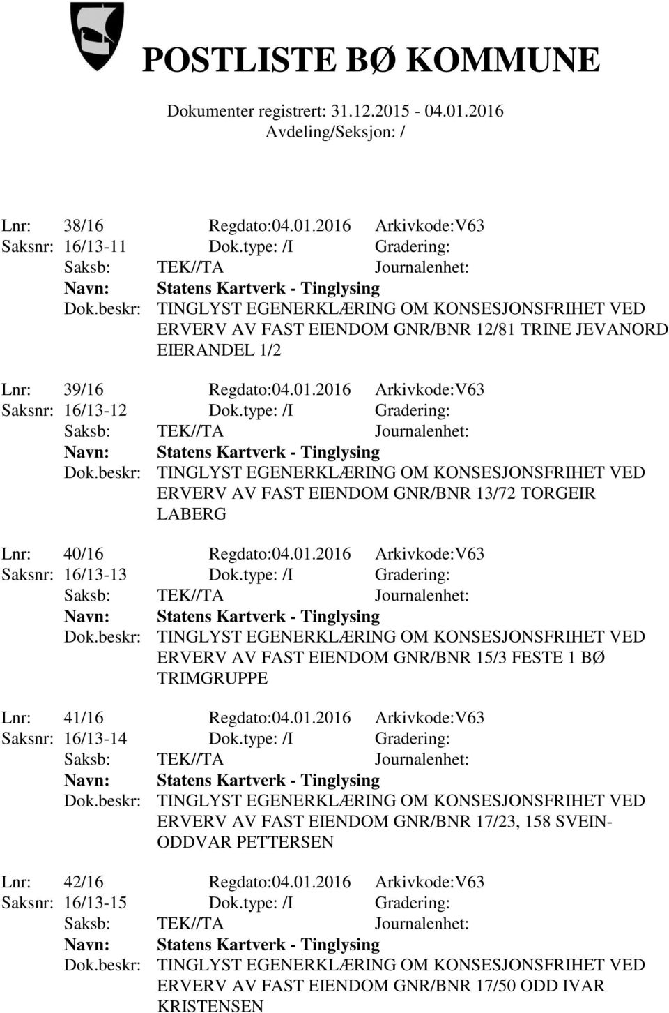 type: /I Gradering: ERVERV AV FAST EIENDOM GNR/BNR 15/3 FESTE 1 BØ TRIMGRUPPE Lnr: 41/16 Regdato:04.01.2016 Arkivkode:V63 Saksnr: 16/13-14 Dok.