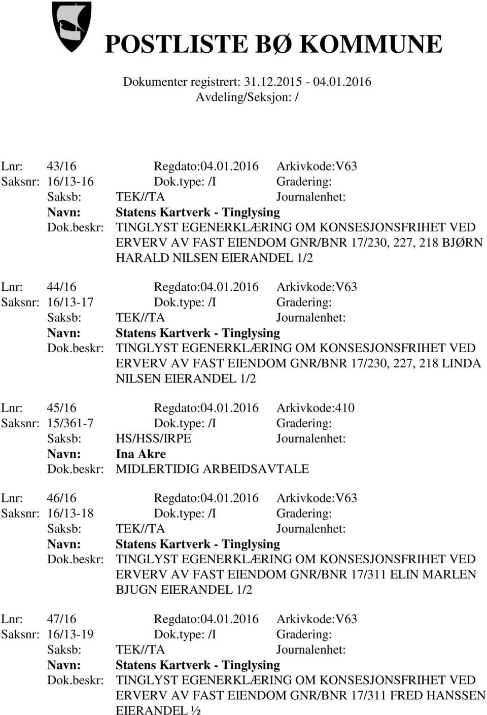 type: /I Gradering: Navn: Ina Akre Dok.beskr: MIDLERTIDIG ARBEIDSAVTALE Lnr: 46/16 Regdato:04.01.2016 Arkivkode:V63 Saksnr: 16/13-18 Dok.