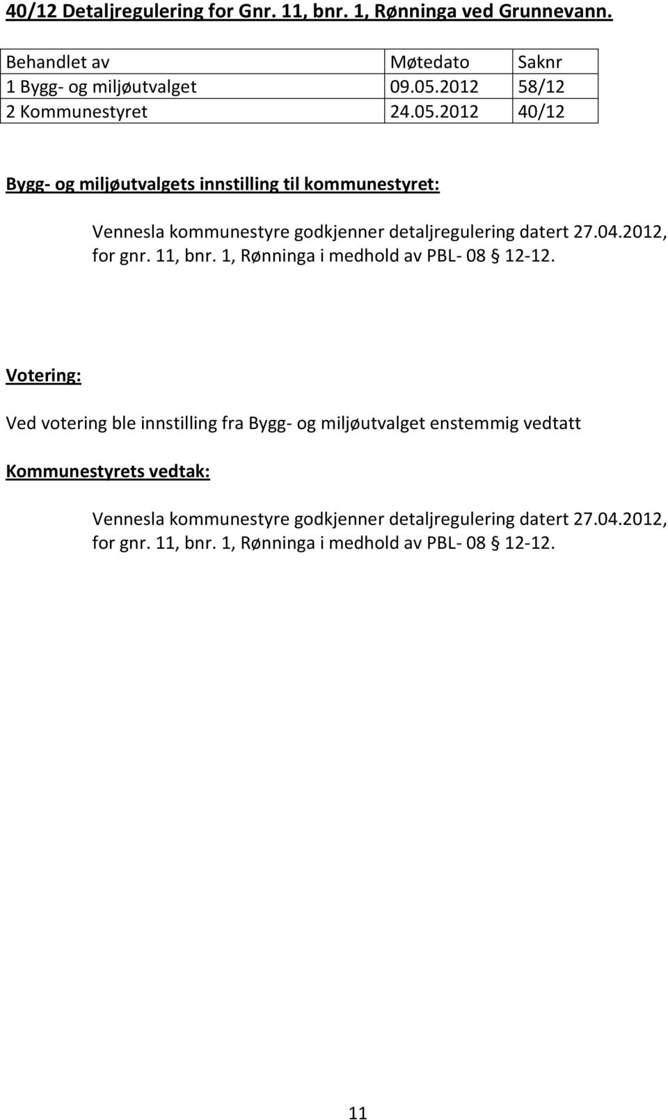 2012 40/12 Bygg- og miljøutvalgets innstilling til kommunestyret: Vennesla kommunestyre godkjenner detaljregulering datert 27.04.