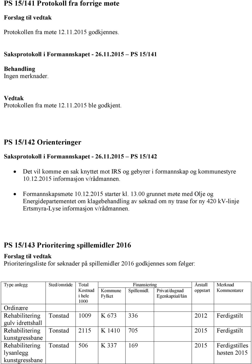 12.2015 informasjon v/rådmannen. Formannskapsmøte 10.12.2015 starter kl. 13.