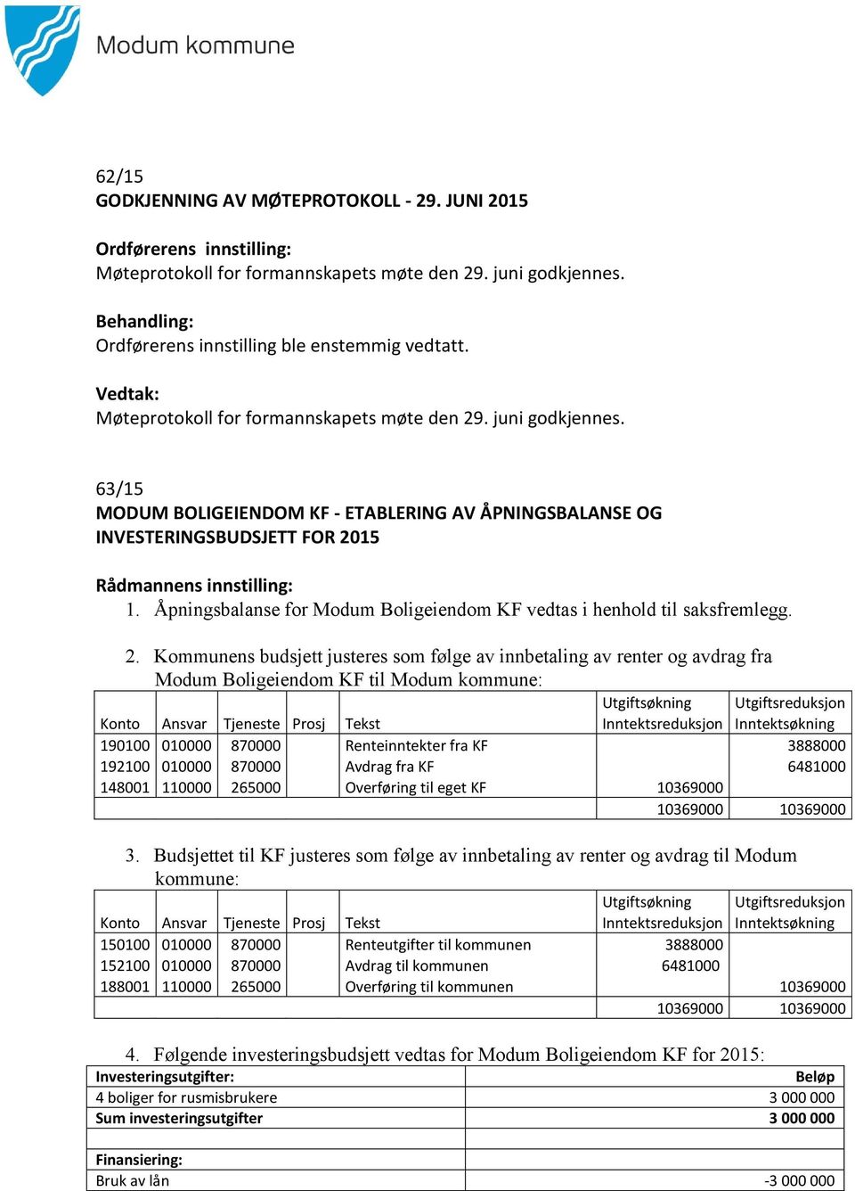 Åpningsbalanse for Modum Boligeiendom KF vedtas i henhold til saksfremlegg. 2.