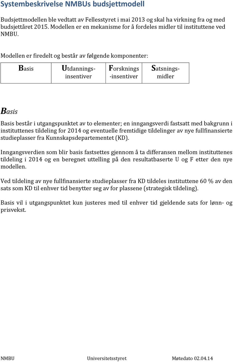 Modellen er firedelt og består av følgende komponenter: Basis Forsknings insentiver Utdanningsinsentiver Satsningsmidler Basis Basis består i utgangspunktet av to elementer; en inngangsverdi fastsatt