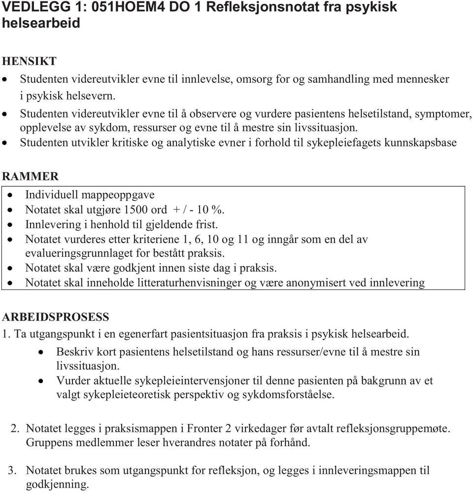 Studenten utvikler kritiske og analytiske evner i forhold til sykepleiefagets kunnskapsbase Notatet skal utgjøre 1500 ord + / - 10 %. Innlevering i henhold til gjeldende frist.