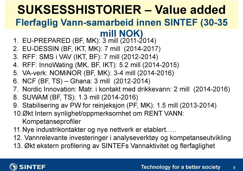 Nordic Innovation: Matr. i kontakt med drikkevann: 2 mill (2014-2016) 8. SUWAM (BF, TS): 1.3 mill (2014-2016) 9. Stabilisering av PW for reinjeksjon (PF, MK): 1.5 mill (2013-2014) 10.