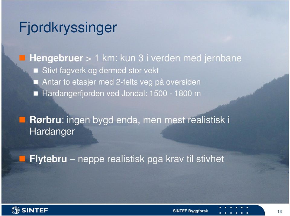 oversiden Hardangerfjorden ved Jondal: 1500-1800 m Rørbru: ingen bygd