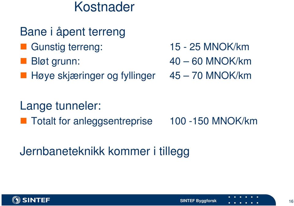 MNOK/km 45 70 MNOK/km Lange tunneler: Totalt for