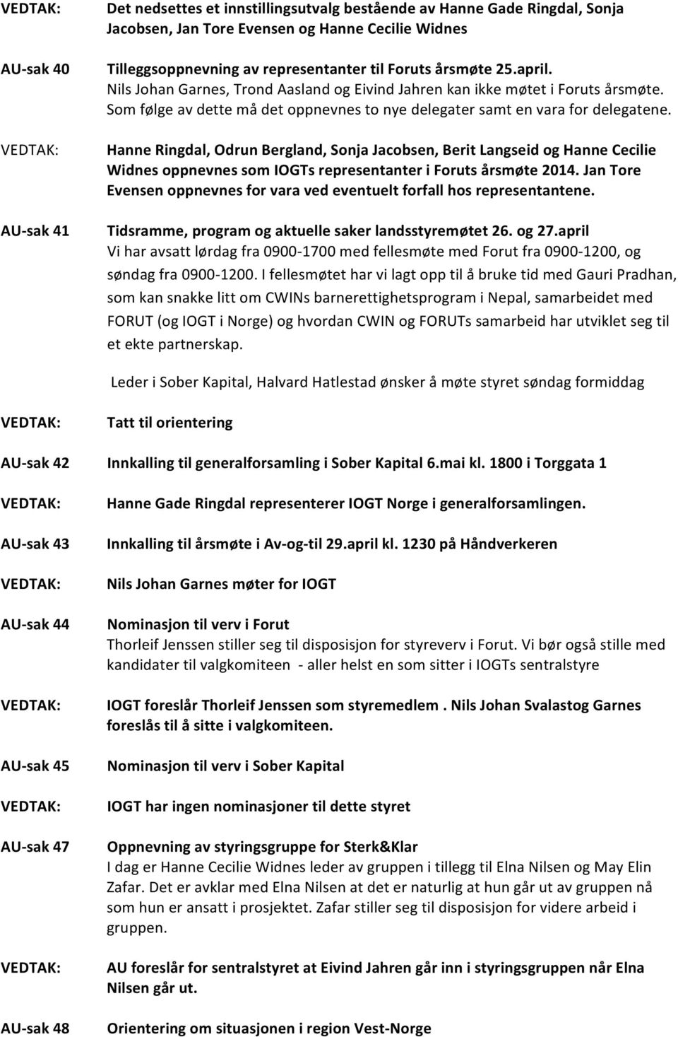 Hanne Ringdal, Odrun Bergland, Snja Jacbsen, Berit Langseid g Hanne Cecilie Widnes ppnevnes sm IOGTs representanter i Fruts årsmøte 2014.