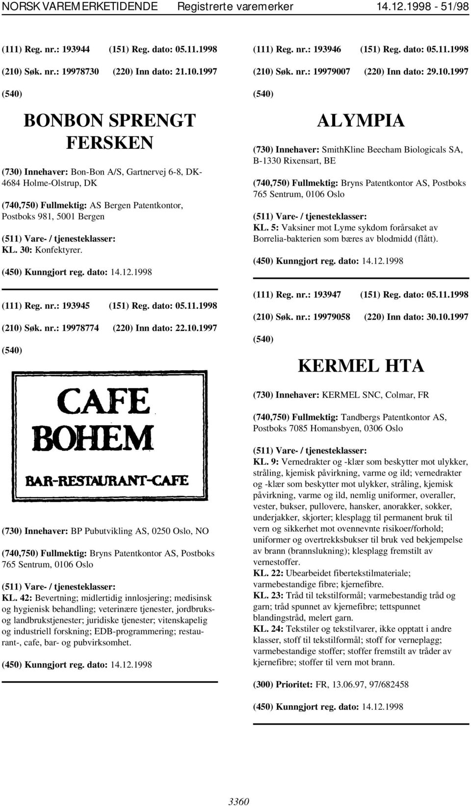 1997 BONBON SPRENGT FERSKEN (730) Innehaver: Bon-Bon A/S, Gartnervej 6-8, DK- 4684 Holme-Olstrup, DK (740,750) Fullmektig: AS Bergen Patentkontor, Postboks 981, 5001 Bergen KL. 30: Konfektyrer.