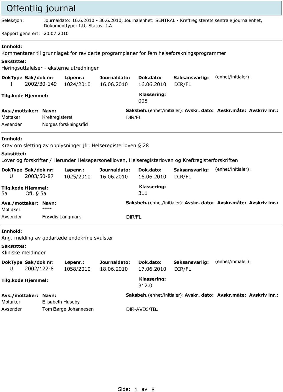 sletting av opplysninger jfr. Helseregisterloven 28 Lover og forskrifter / Herunder Helsepersonellloven, Helseregisterloven og Kreftregisterforskriften 2003/50-87 1025/2010 Tilg.