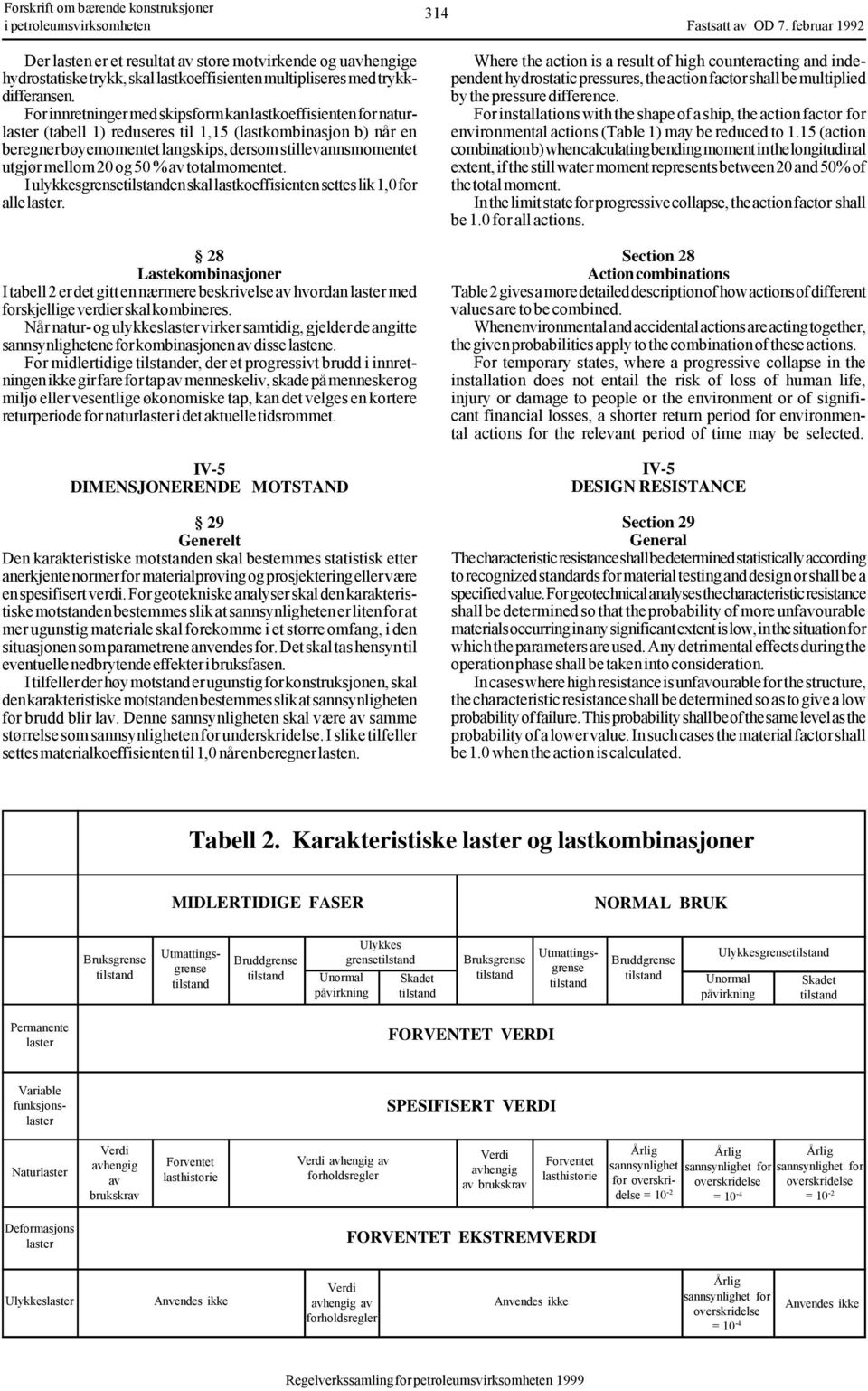 For innretninger med skipsform kan lastkoeffisienten for naturlaster (tabell 1) reduseres til 1,15 (lastkombinasjon b) når en beregner bøyemomentet langskips, dersom stillevannsmomentet utgjør mellom