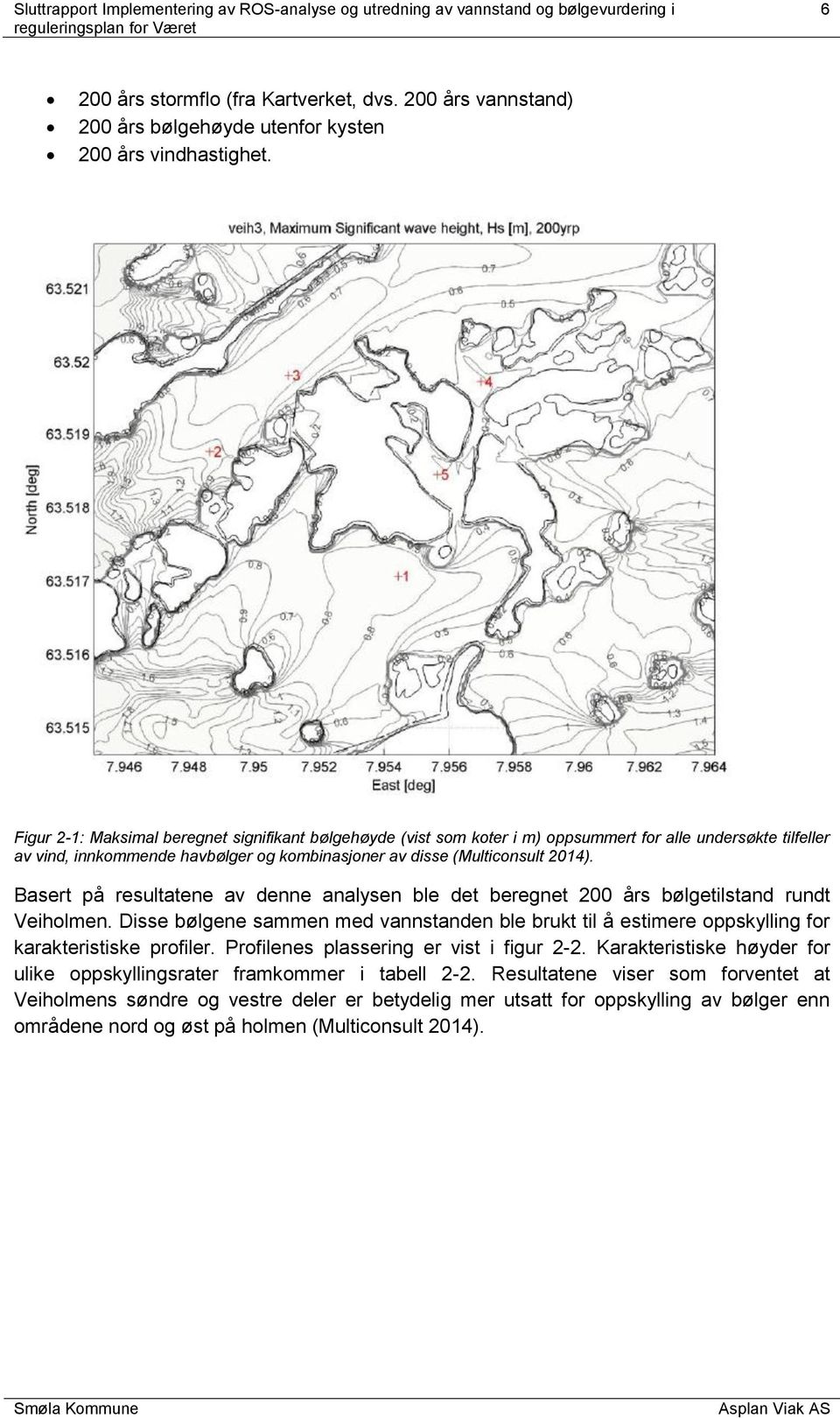 Basert på resultatene av denne analysen ble det beregnet 200 års bølgetilstand rundt Veiholmen. Disse bølgene sammen med vannstanden ble brukt til å estimere oppskylling for karakteristiske profiler.