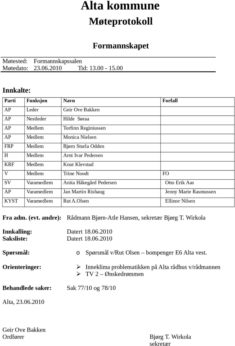 Pedersen KRF Medlem Knut Klevstad V Medlem Trine Noodt FO SV Varamedlem Anita Håkegård Pedersen Otto Erik Aas AP Varamedlem Jan Martin Rishaug Jenny Marie Rasmussen KYST Varamedlem Rut A.