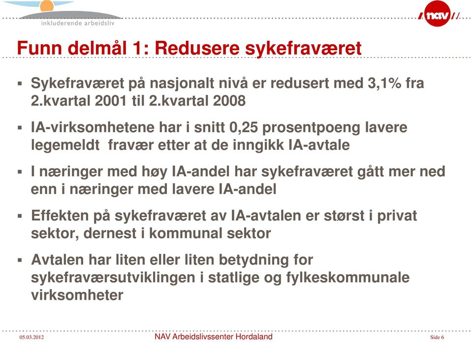 IA-andel har sykefraværet gått mer ned enn i næringer med lavere IA-andel Effekten på sykefraværet av IA-avtalen er størst i privat