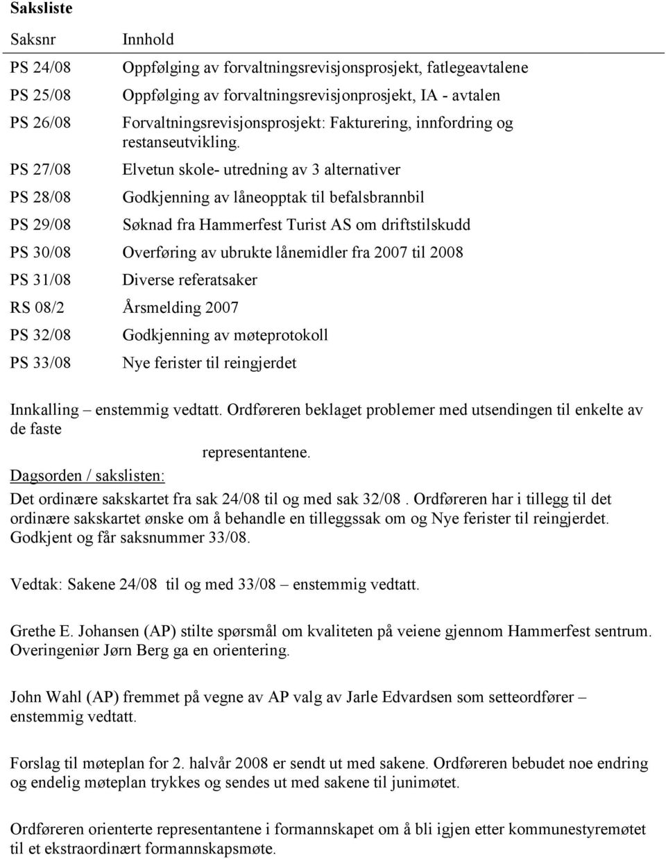 Elvetun skole- utredning av 3 alternativer Godkjenning av låneopptak til befalsbrannbil Søknad fra Hammerfest Turist AS om driftstilskudd PS 30/08 Overføring av ubrukte lånemidler fra 2007 til 2008