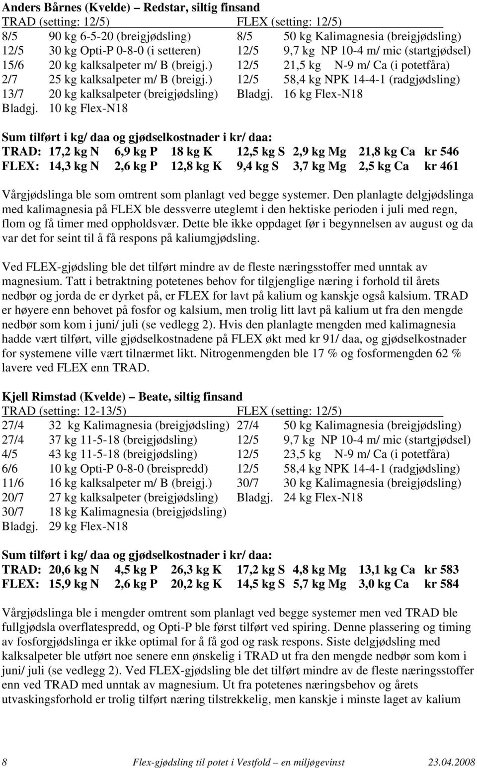 ) 12/5 58,4 kg NPK 14-4-1 (radgjødsling) 13/7 20 kg kalksalpeter (breigjødsling) Bladgj. 16 kg Flex-N18 Bladgj.