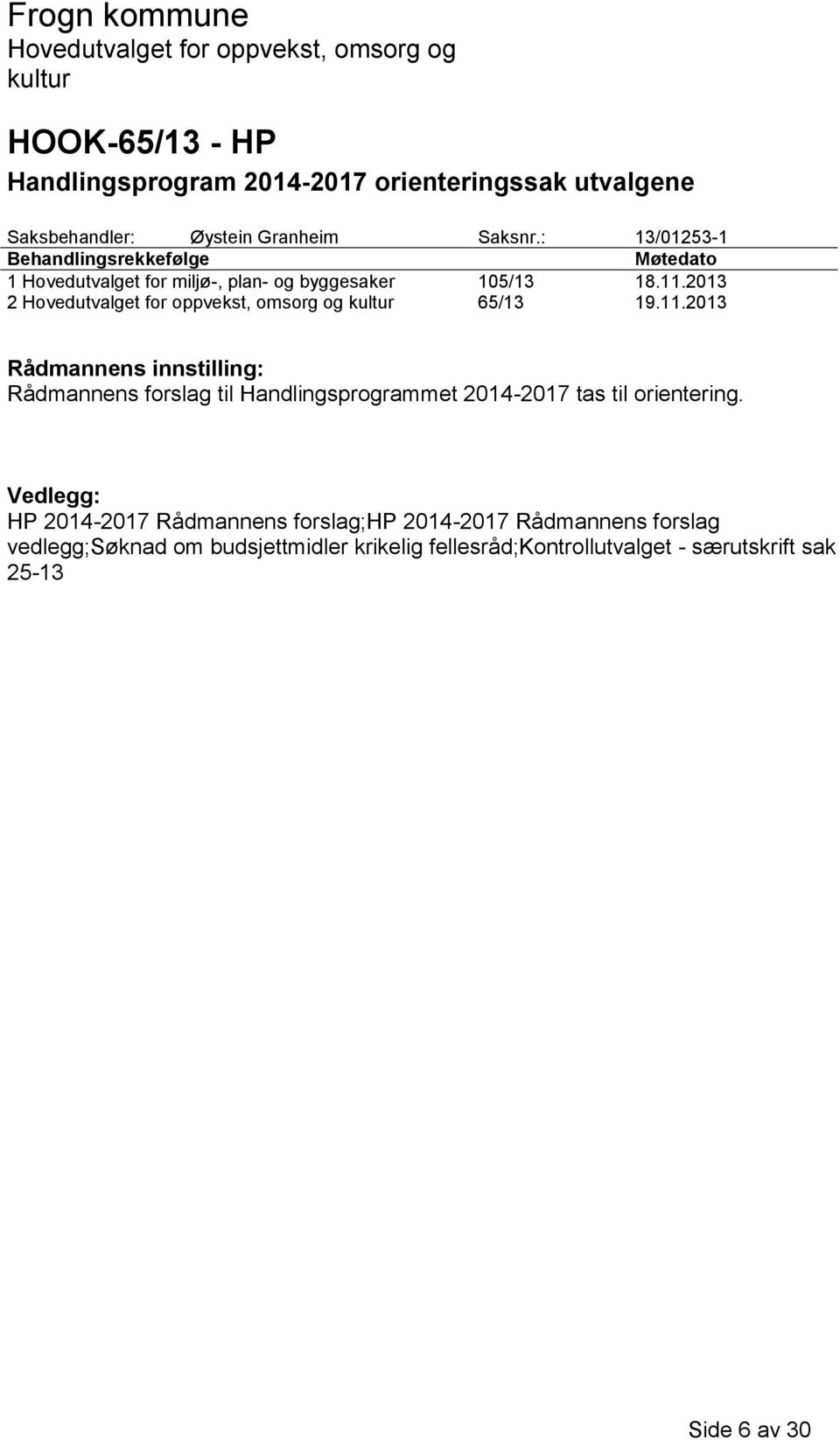 2013 2 65/13 19.11.2013 Rådmannens innstilling: Rådmannens forslag til Handlingsprogrammet 2014-2017 tas til orientering.