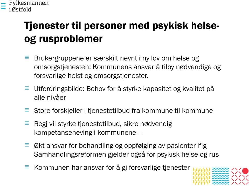 Utfordringsbilde: Behov for å styrke kapasitet og kvalitet på alle nivåer Store forskjeller i tjenestetilbud fra kommune til kommune Regj vil