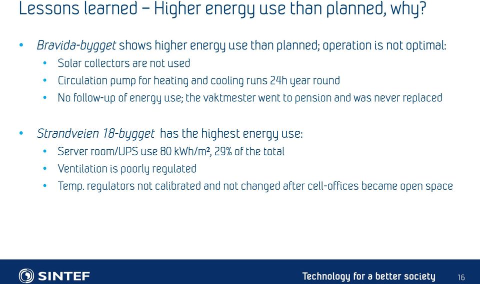 and cooling runs 24h year round No follow-up of energy use; the vaktmester went to pension and was never replaced Strandveien 18-bygget