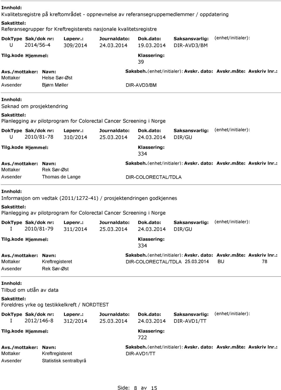 Thomas de Lange DR-COLORECTAL/TDLA nformasjon om vedtak (2011/1272-41) / prosjektendringen godkjennes Planlegging av pilotprogram for Colorectal Cancer Screening i Norge 2010/81-79 311/2014