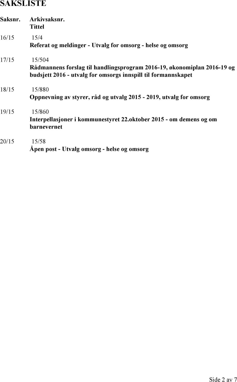 handlingsprogram 2016-19, økonomiplan 2016-19 og budsjett 2016 - utvalg for omsorgs innspill til formannskapet 18/15