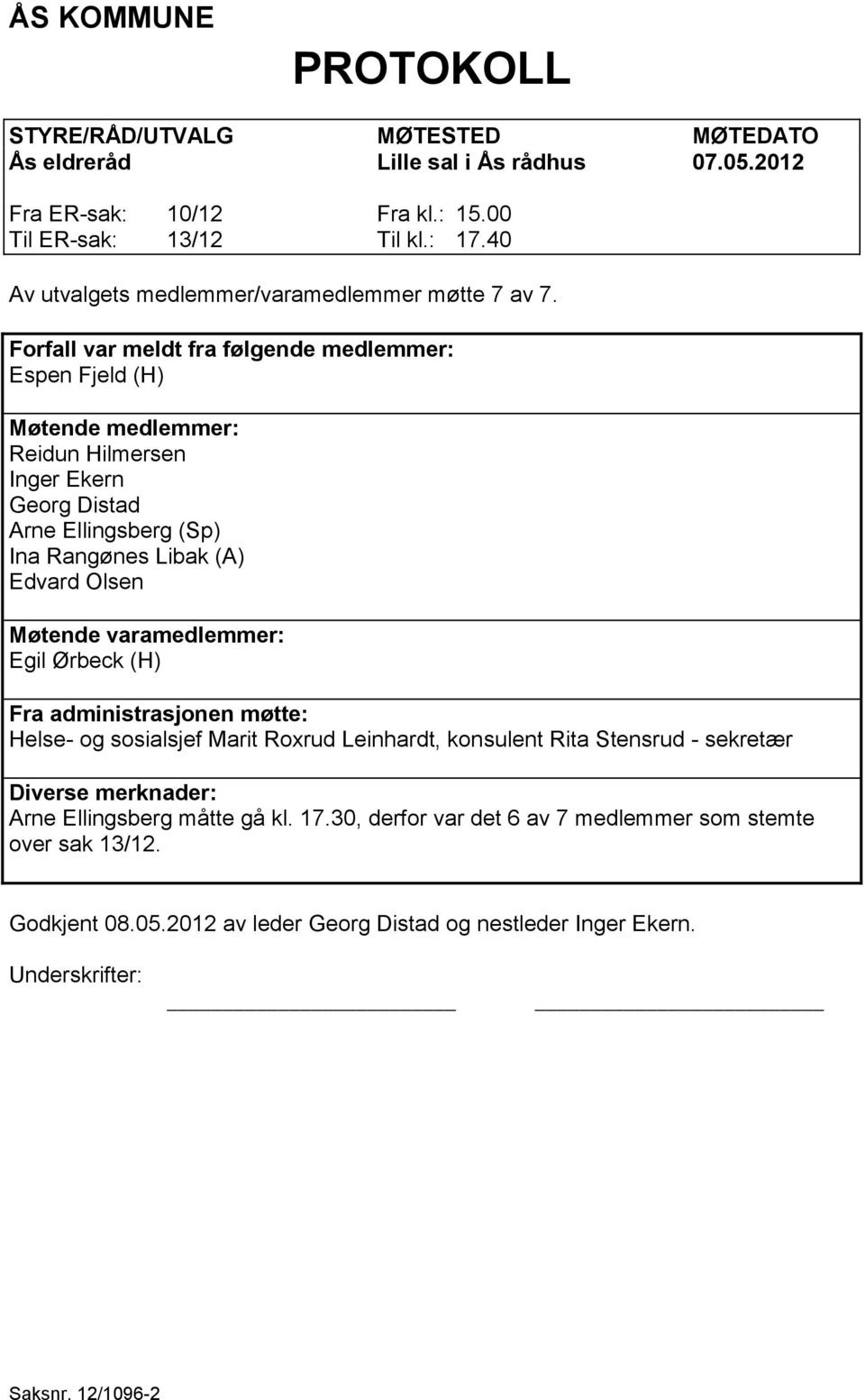 Forfall var meldt fra følgende medlemmer: Espen Fjeld (H) Møtende medlemmer: Reidun Hilmersen Inger Ekern Georg Distad Arne Ellingsberg (Sp) Ina Rangønes Libak (A) Edvard Olsen Møtende