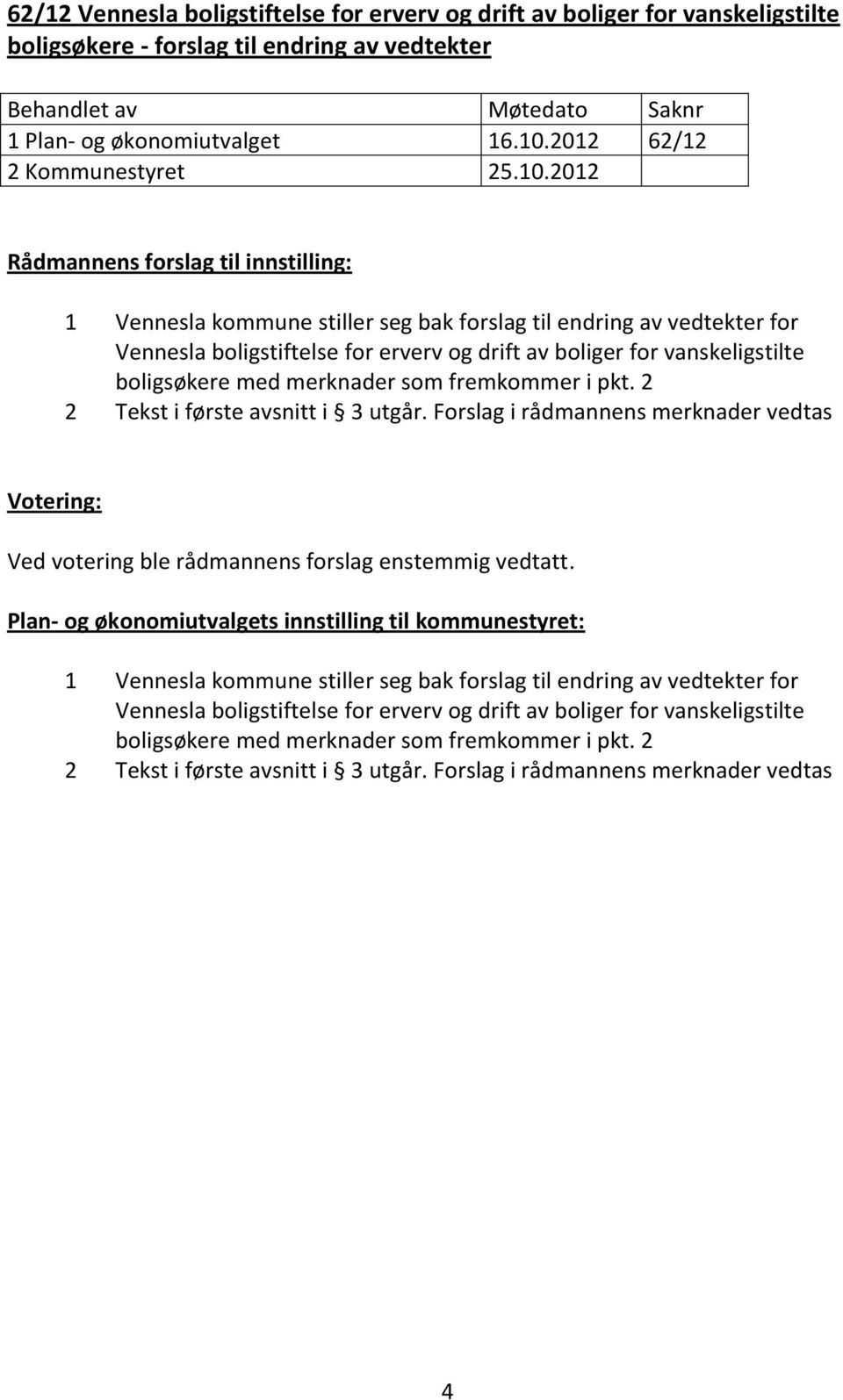 2012 1 Vennesla kommune stiller seg bak forslag til endring av vedtekter for Vennesla boligstiftelse for erverv og drift av boliger for vanskeligstilte boligsøkere med merknader som fremkommer i pkt.