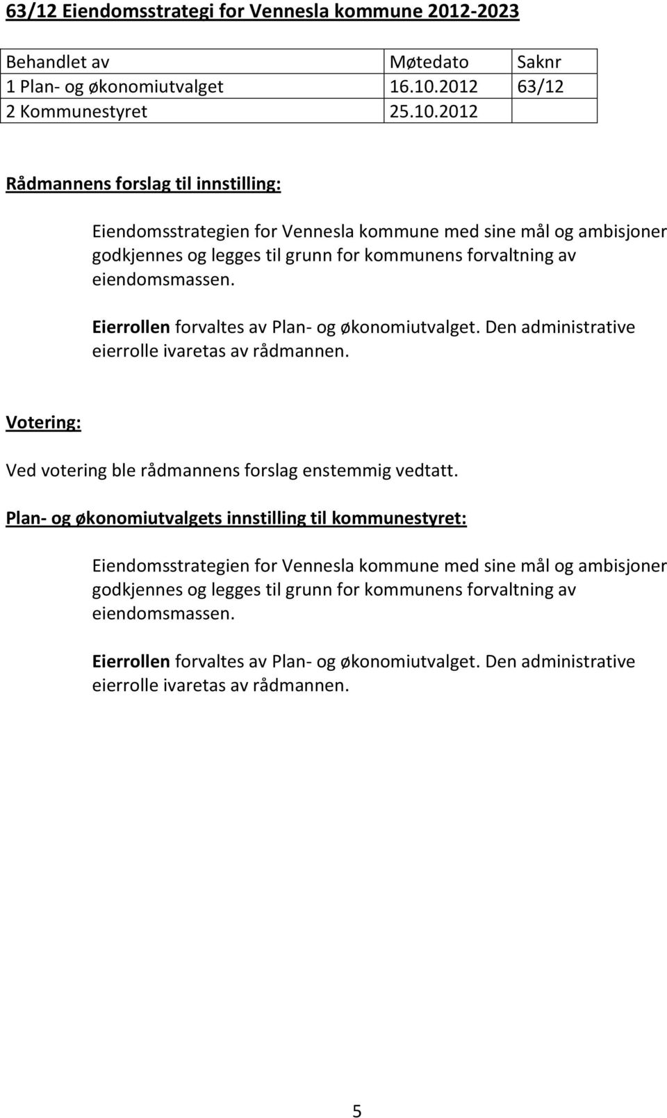 2012 Eiendomsstrategien for Vennesla kommune med sine mål og ambisjoner godkjennes og legges til grunn for kommunens forvaltning av eiendomsmassen.