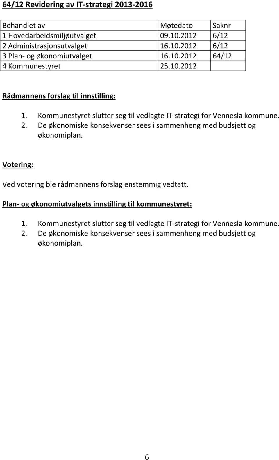 Plan- og økonomiutvalgets innstilling til kommunestyret: 1. Kommunestyret slutter seg til vedlagte IT-strategi for Vennesla kommune. 2.