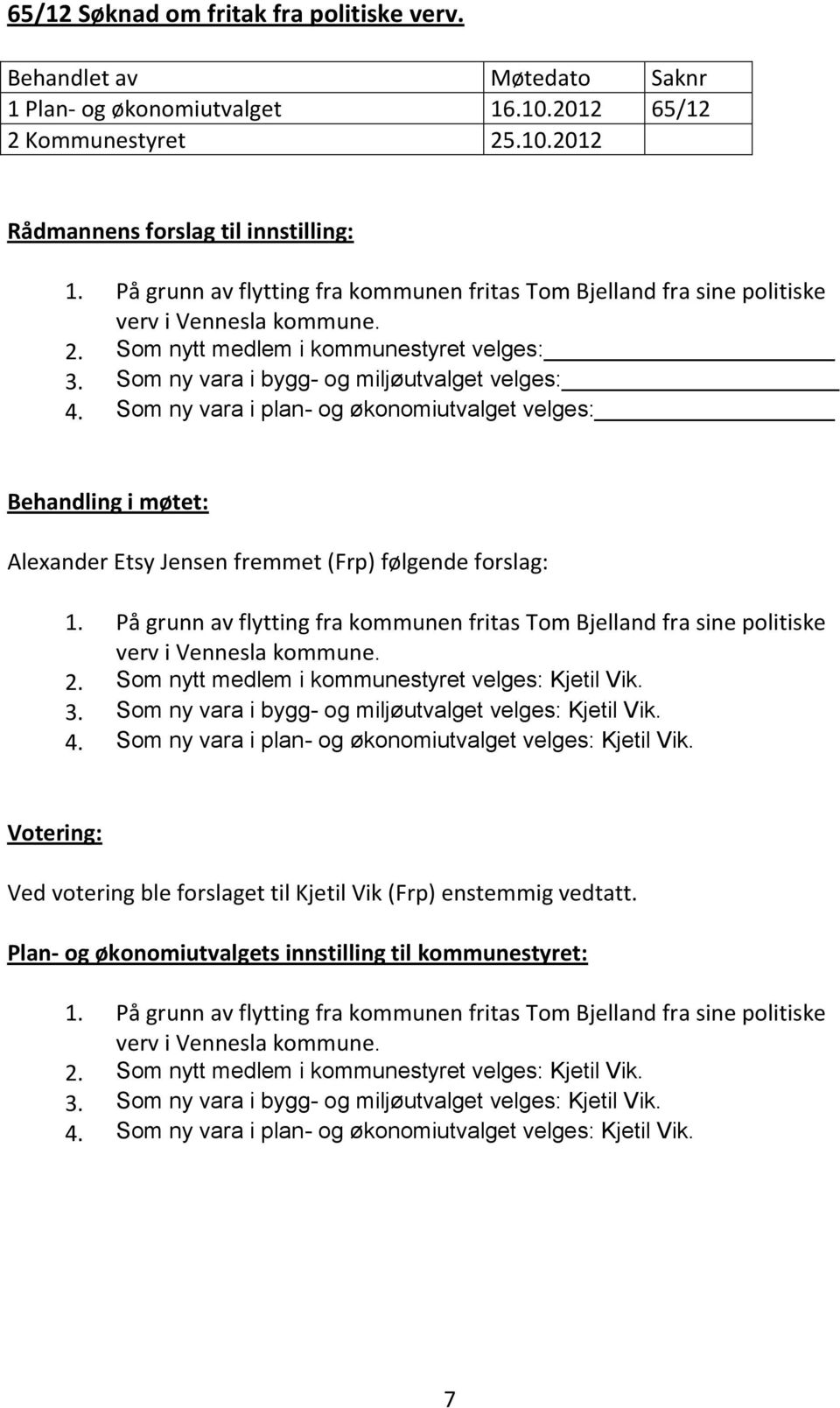 Som ny vara i plan- og økonomiutvalget velges: Behandling i møtet: Alexander Etsy Jensen fremmet (Frp) følgende forslag: 1.