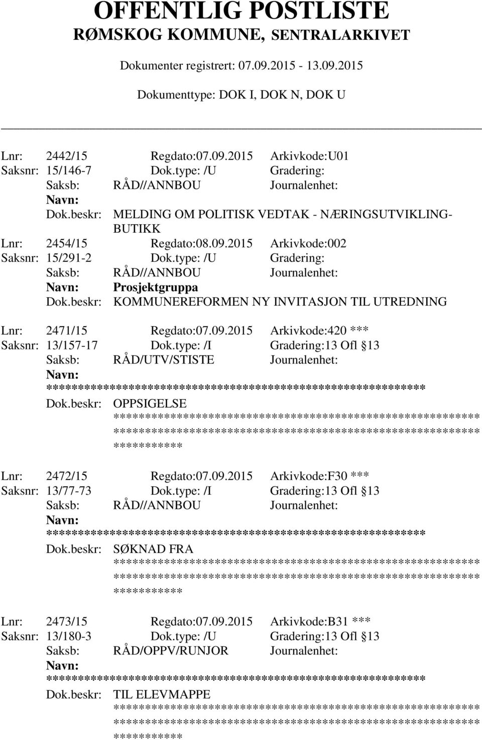 type: /I Gradering:13 Ofl 13 Saksb: RÅD/UTV/STISTE Journalenhet: ** Dok.beskr: OPPSIGELSE Lnr: 2472/15 Regdato:07.09.2015 Arkivkode:F30 *** Saksnr: 13/77-73 Dok.